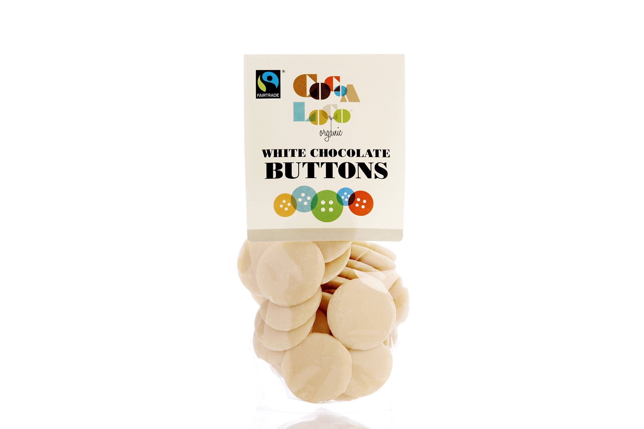 Packet of white chocolate buttons, with a Cocoa Loco label, on a white background